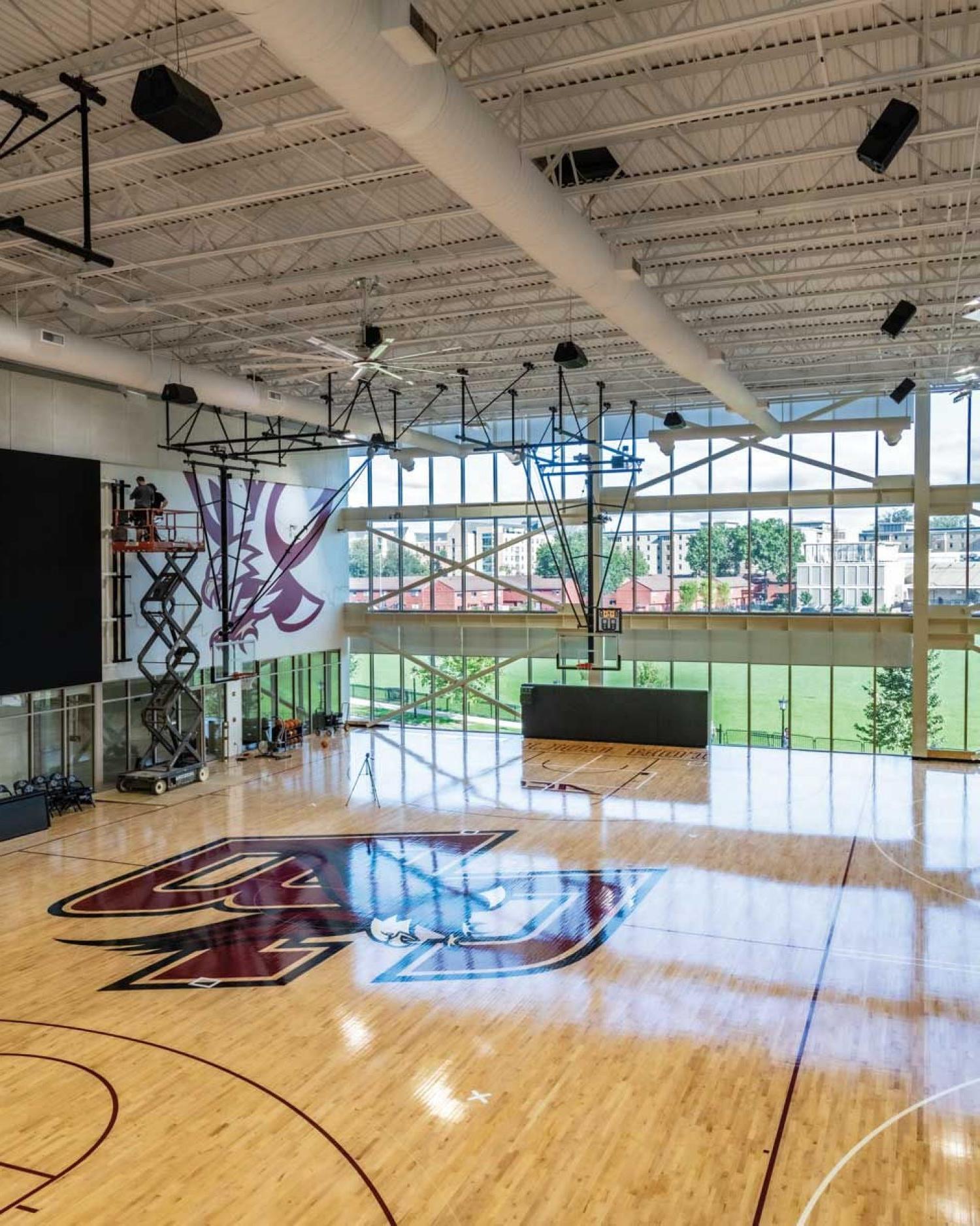 Photo from a catwalk of the new Hoag Pavilion practice basketball court